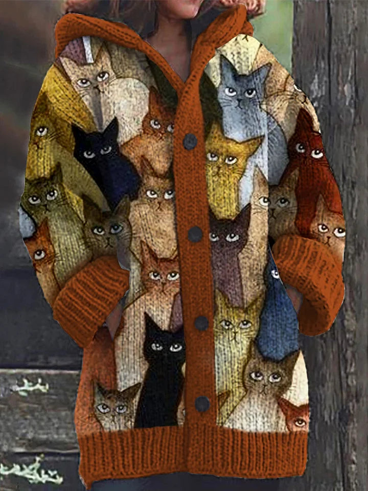 Colorful Cats Pattern Cozy Hooded Cardigan