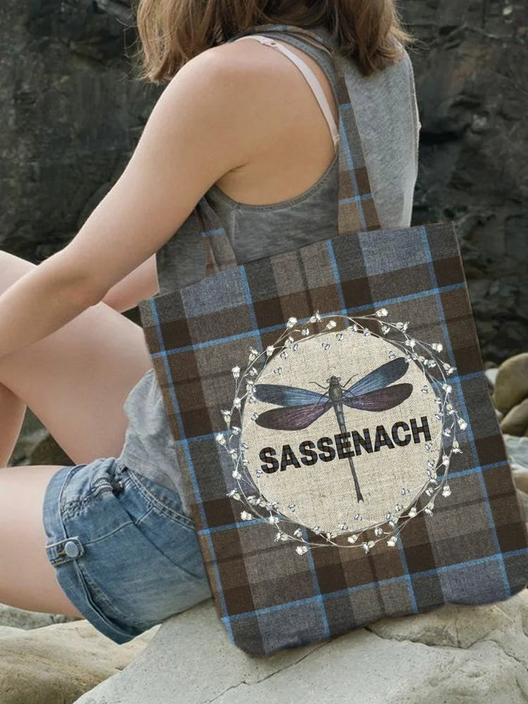 Vintage Plaid & Dragonfly Print Canvas Bag