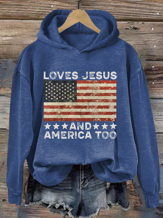 Lässiger Kapuzenpullover mit Aufdruck „Loves Jesus and America Too“ für Damen