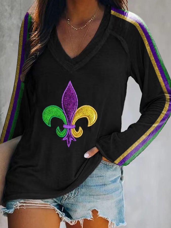 Women's Mardi Gras Print V-Neck T-Shirt