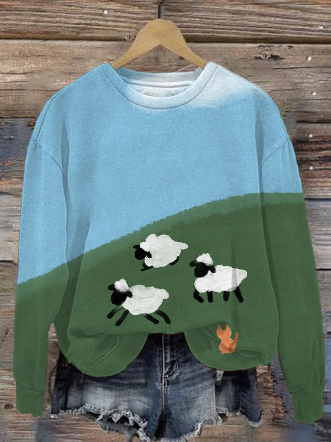 Langärmliges Sweatshirt mit Farm-Schaf-Aufdruck für Damen