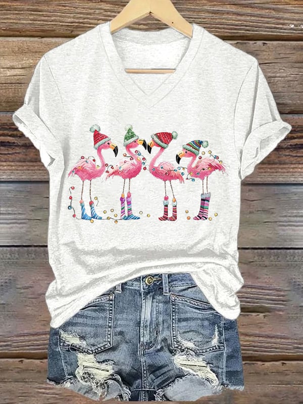 Damen T-Shirt mit V-Ausschnitt und weihnachtlichem Flamingo-Print