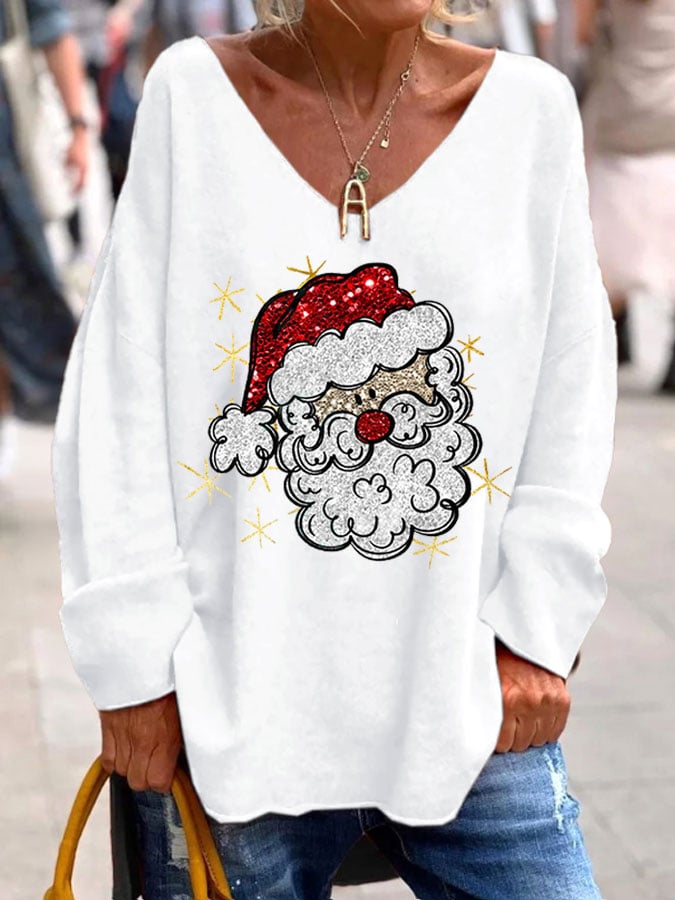 Women's Christmas Printed Long Sleeve V-Neck Top