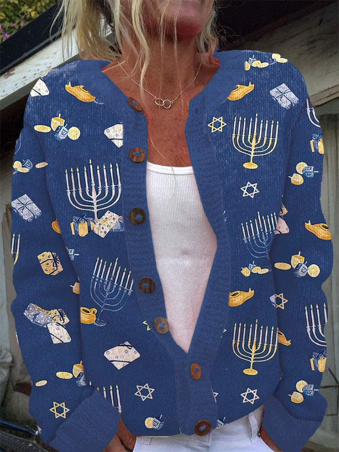 Women's Hanukkah Menorah Button Knit Cardigan