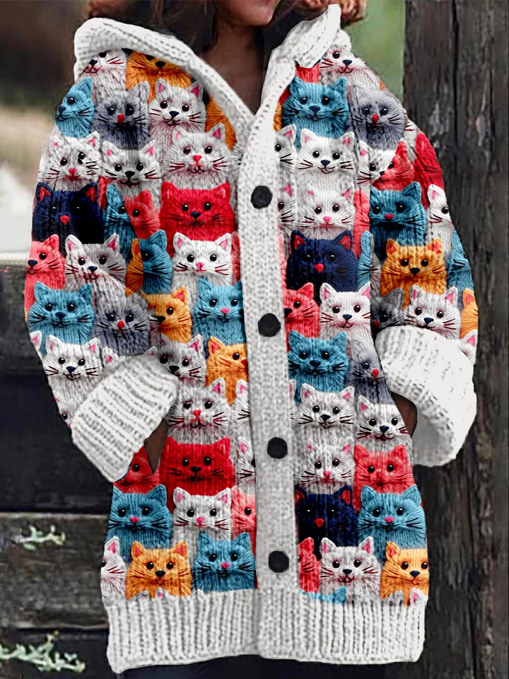 Colorful Spring Cats Pattern Cozy Hooded Cardigan