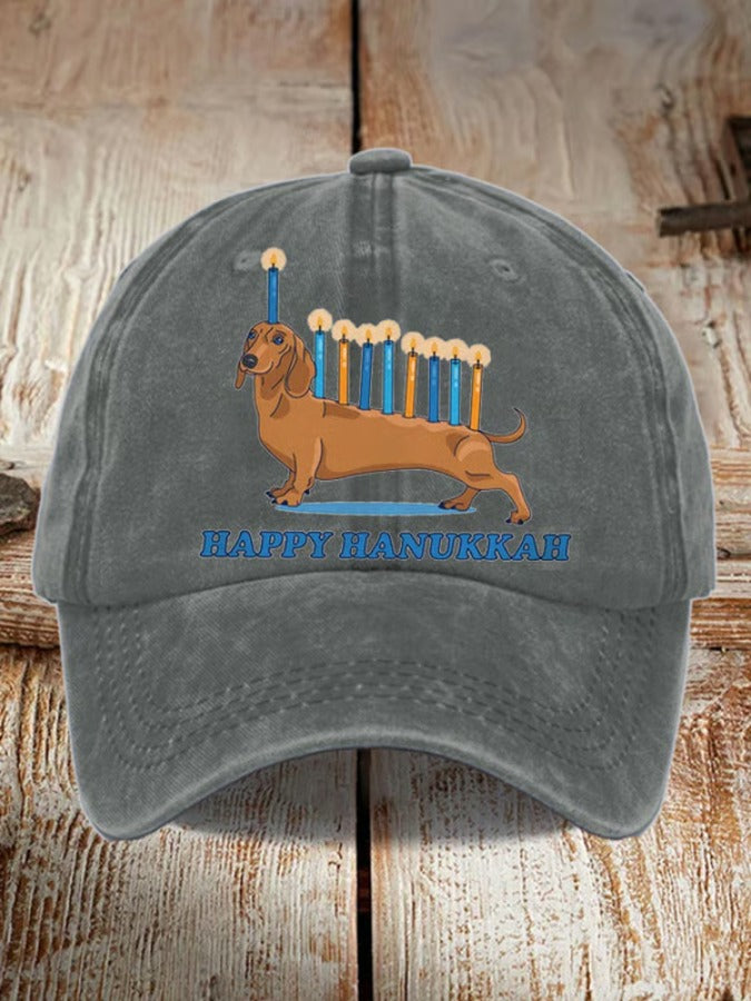 Unisex Weiner Dog Hanukkah Menorah Print Hat