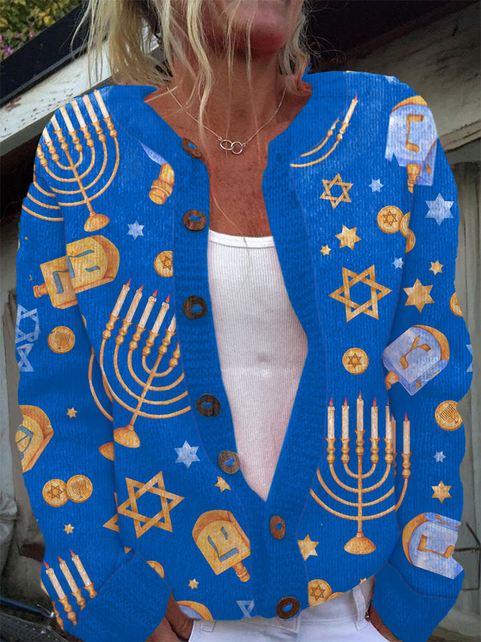 Women's Hanukkah Menorah Button Knit Cardigan