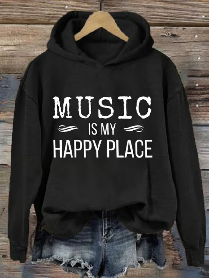 Retro Music Is My Happy Place Print Hoodie