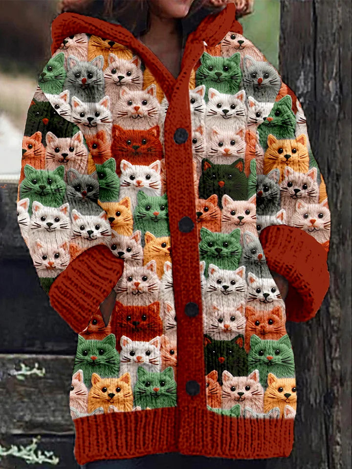 Colorful Spring Cats Pattern Cozy Hooded Cardigan