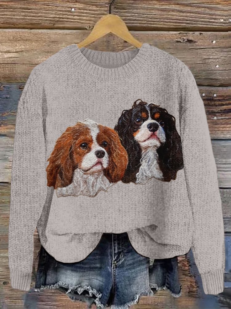 Cute Dogs Felt Art Cozy Knit Sweater