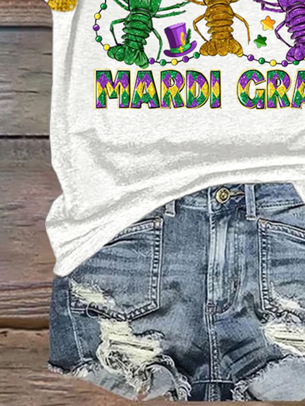 T-Shirt mit V-Ausschnitt und Retro-Mardi Gras-Langkrebs-Print