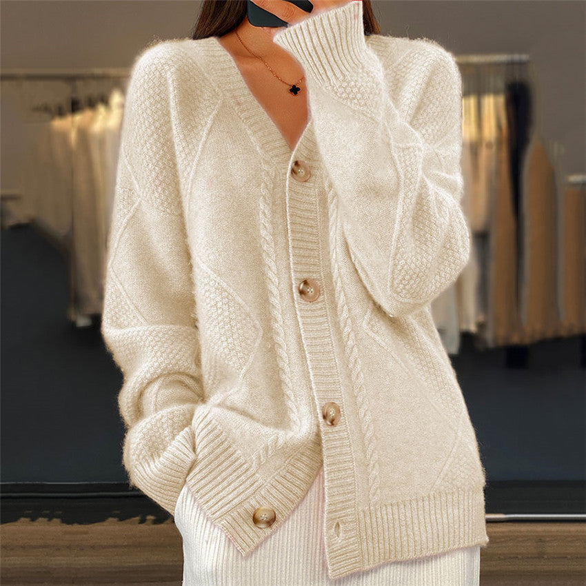 Women's Solid Color Jacquard Long Sleeve Cardigan