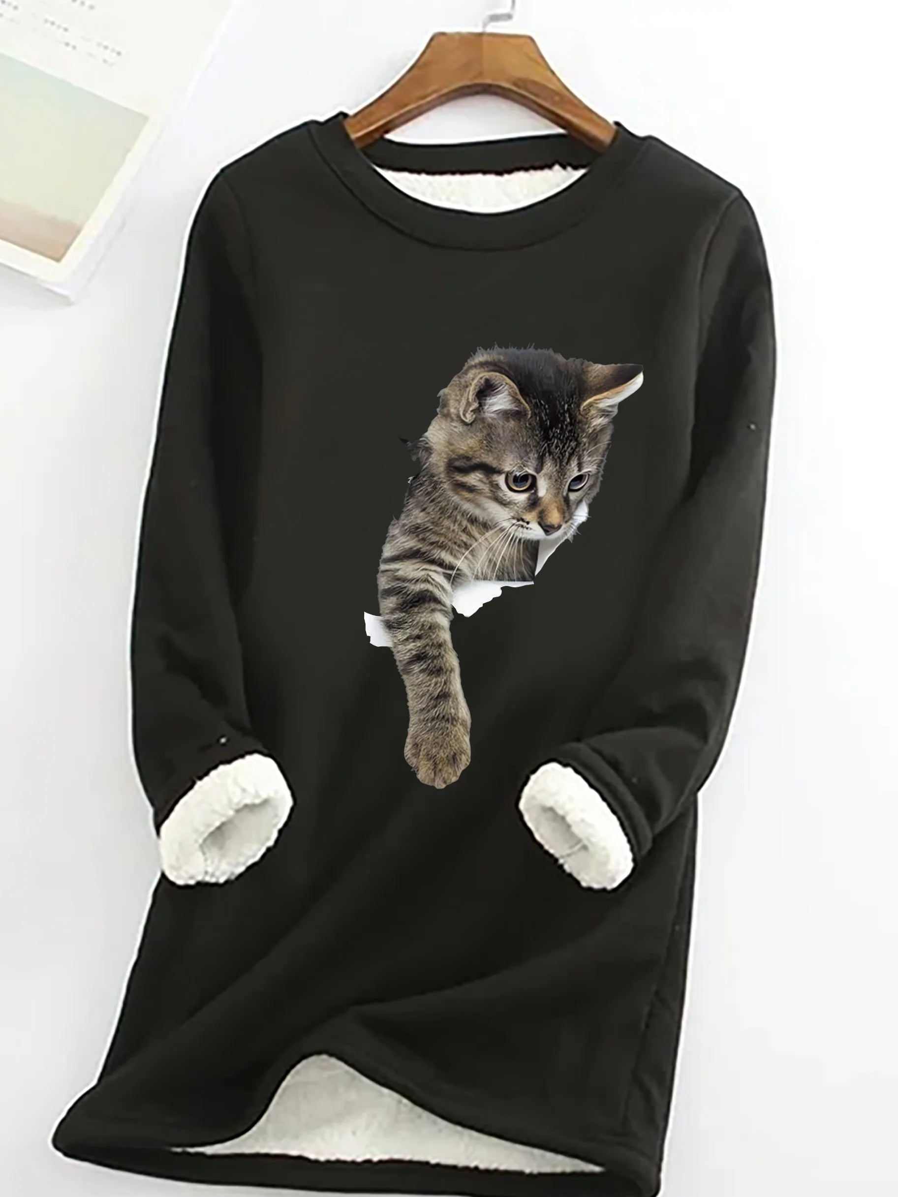 Women Funny Simple Crew Neck Cat Warmth Fleece Sweatshirt