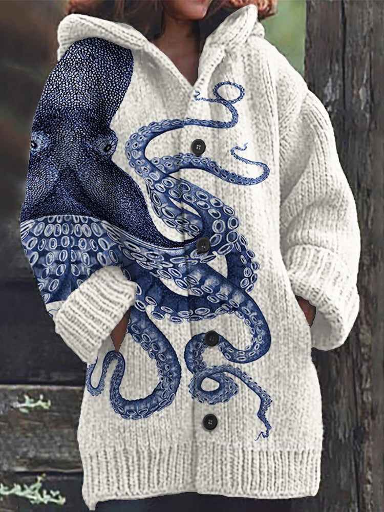 Japanese Art Octopus Print Long Sleeve Knitted Hooded Cardigan