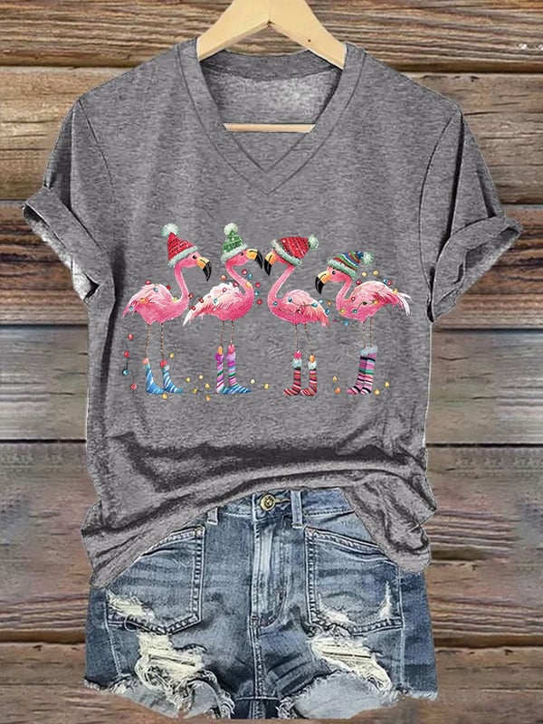 Damen T-Shirt mit V-Ausschnitt und weihnachtlichem Flamingo-Print