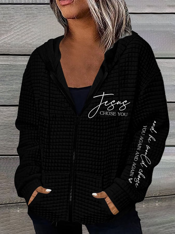 Women's Jesus Chose You Casual Waffle Hooded Jacket