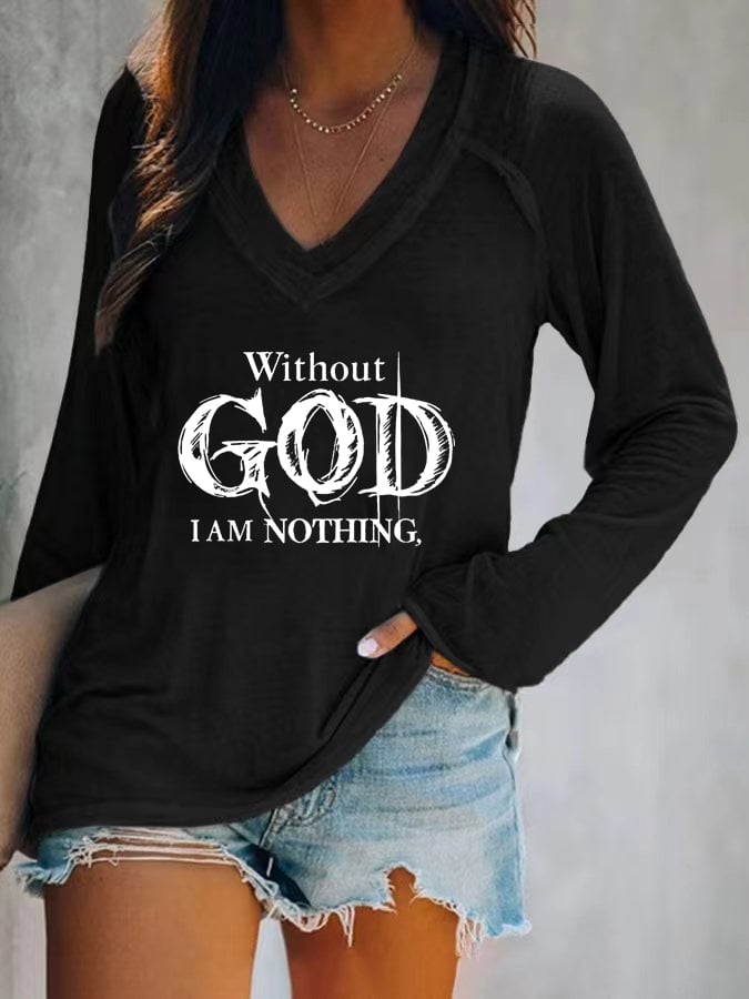 Damen Vintage Faith „Ohne Gott bin ich nichts“, bedrucktes Freizeit-T-Shirt mit V-Ausschnitt