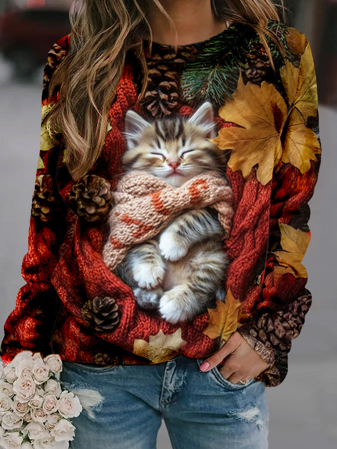 Women's Cat Print Casual Sweatshirt