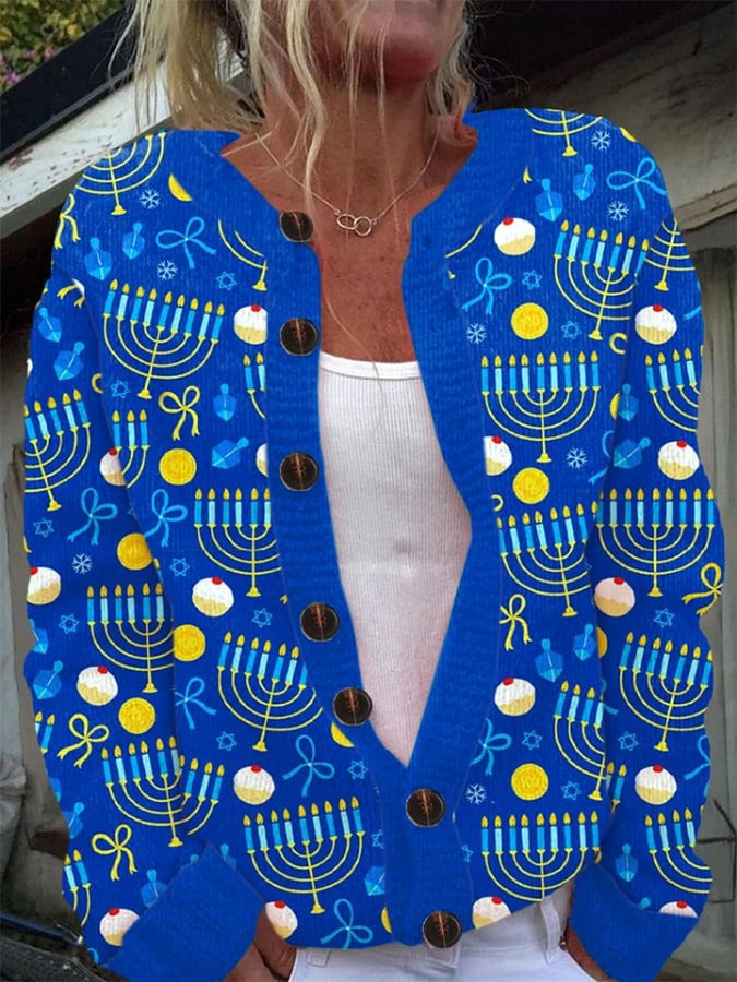 Women's Hanukkah Menorah Button Knit Cardigan