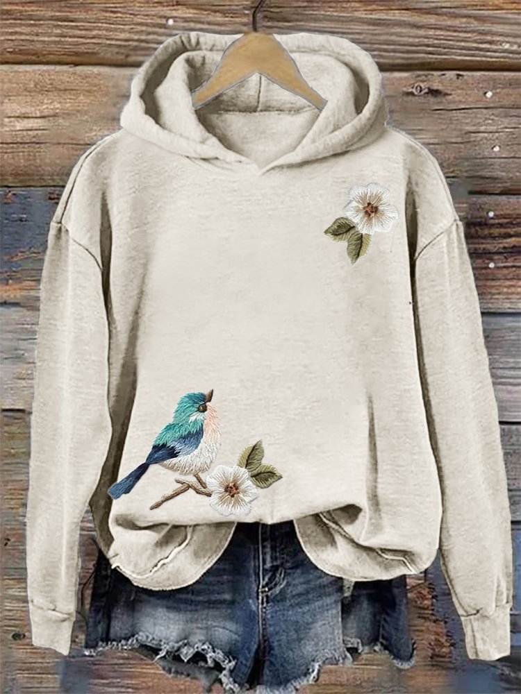 Bird & Flowers Classy Embroidered Cozy Hoodie