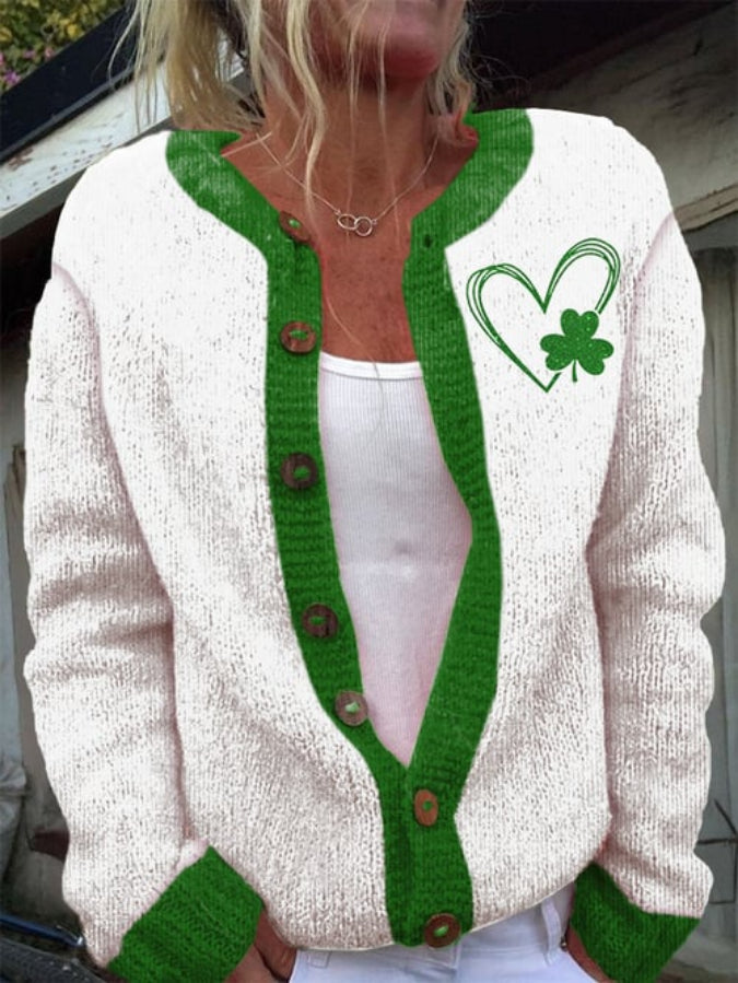 Women's Love Clover St. Patrick's Day Printing Flowers Knit Cardigan