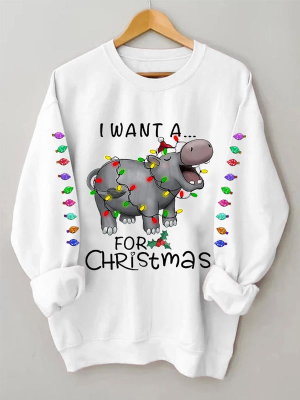 Women's I Want A Hippopotamus For Christmas Colorful Lights Holiday Gift Sweatshirt