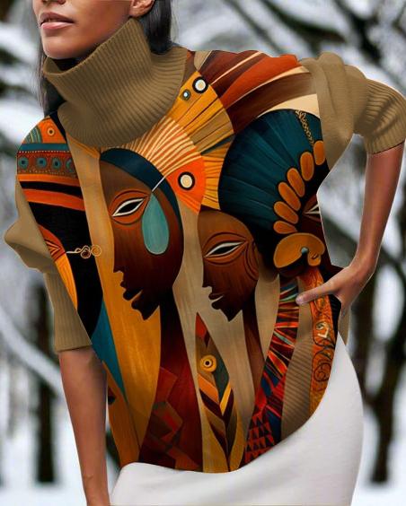 African Abstract Art High Neck Long Sleeve Top